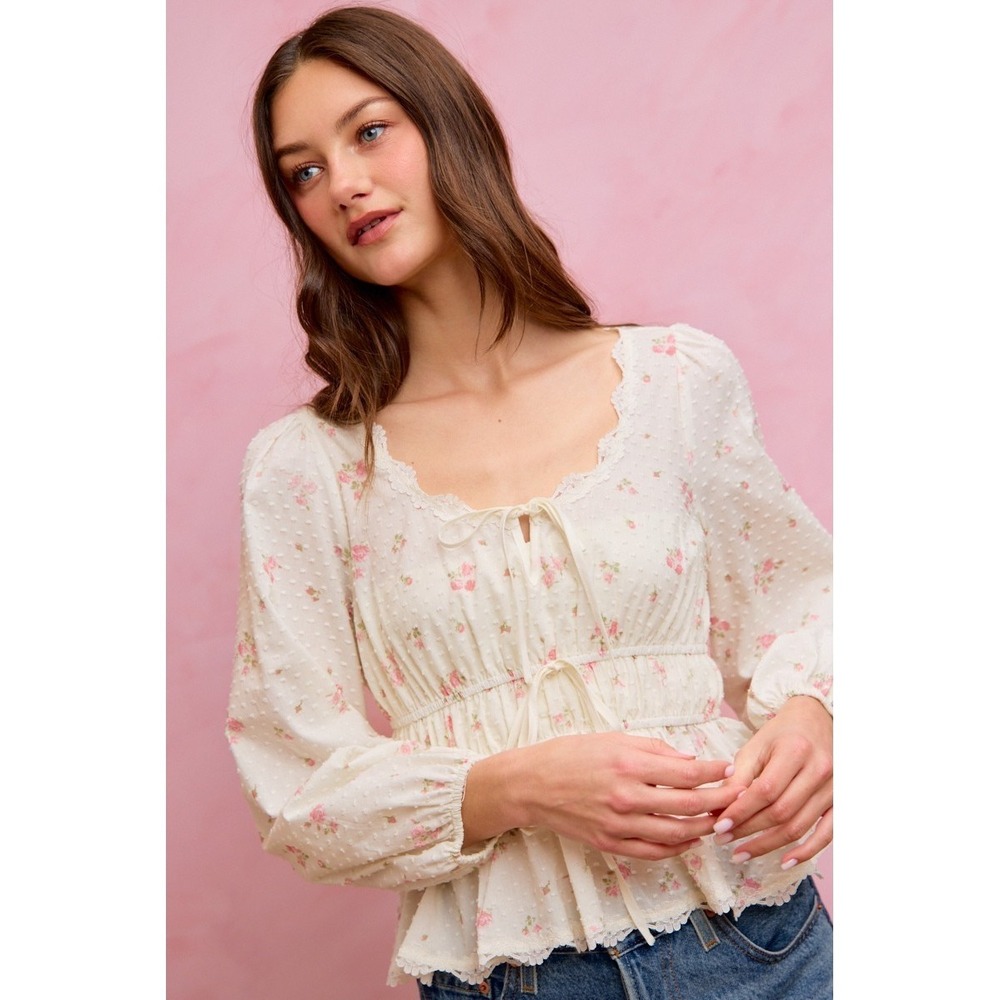 SO ME Floral Clip Dot Lace Trim Ruched Bodice Blouse - White - Medium - Picture 14 of 16